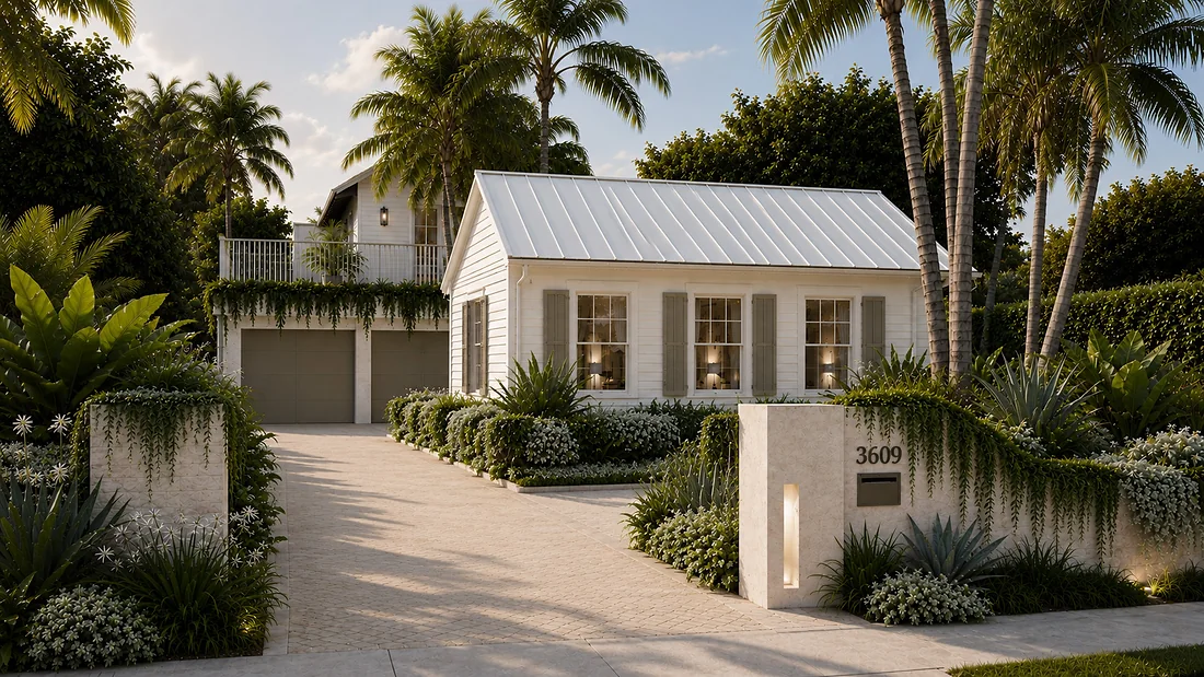 Lola at 3609 Washington Road — the restored 1946 cottage at golden hour, its standing-seam roof and shuttered windows framed by mature palms, the drive running past the garage to the 3609 pier.