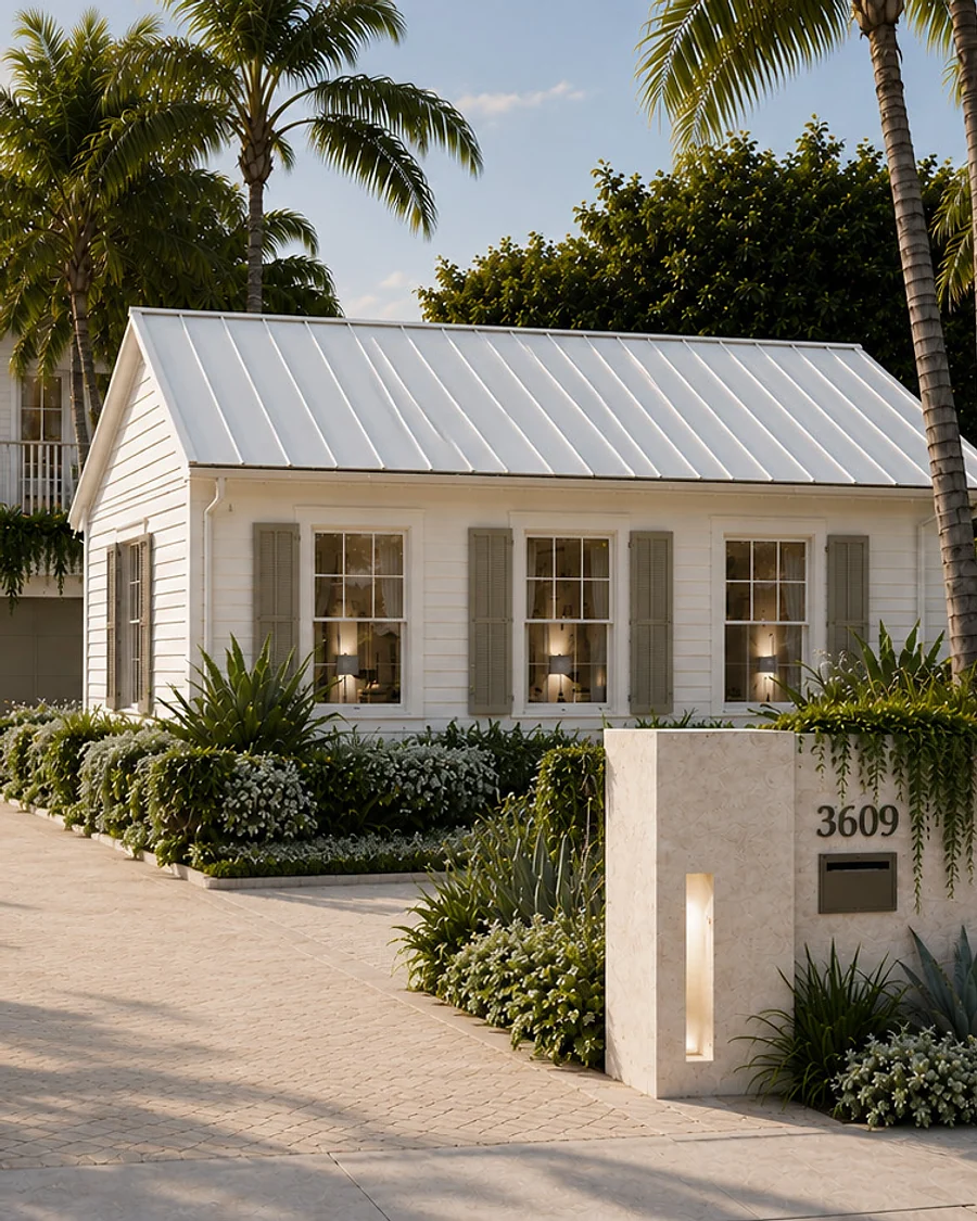Lola's white clapboard facade and standing-seam roof at dusk, lamplight in the windows, palms overhead.