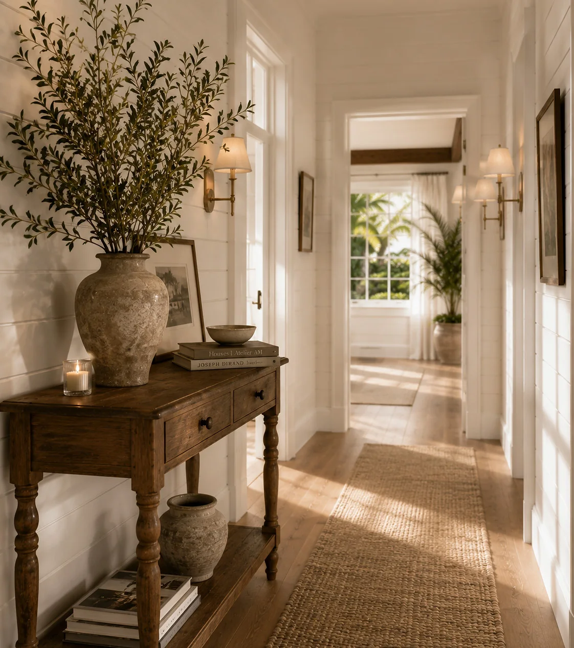 The entry hall, an antique console beneath brass sconces, light drawing down a run of oak floor.