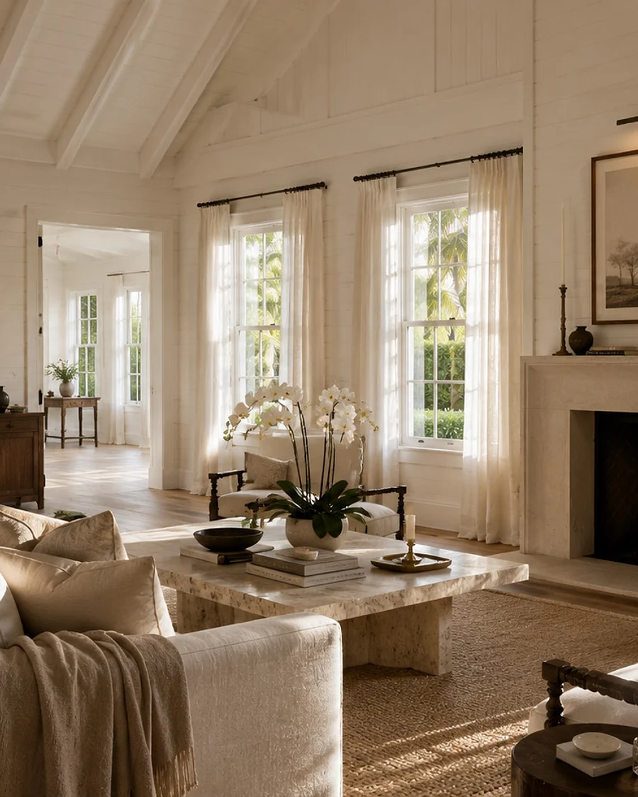 The living room under a vaulted, beamed ceiling, linen sofas gathered at a limestone fireplace.