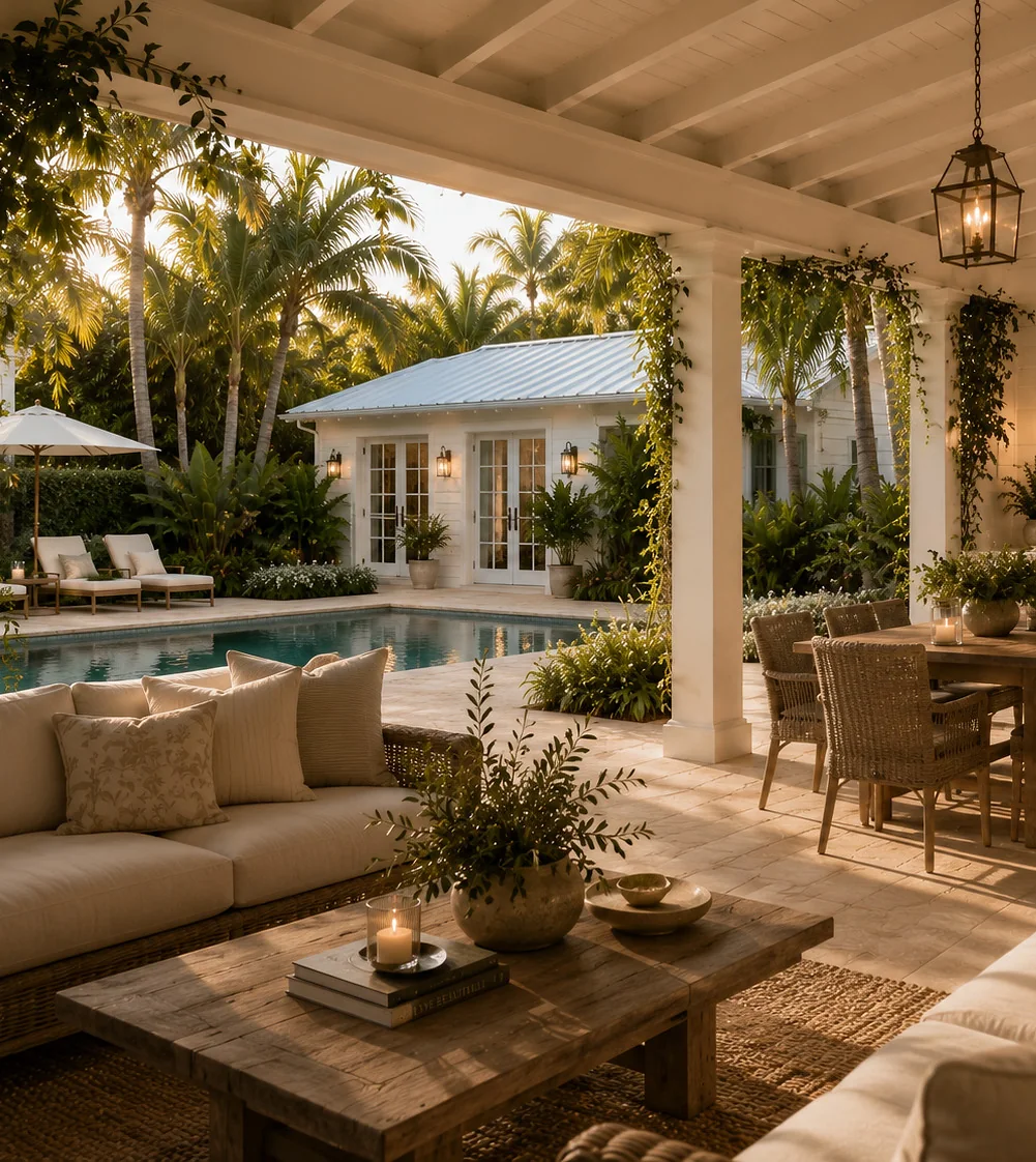 The covered loggia at golden hour, lanterns lit above a long table, the pool and palms beyond.