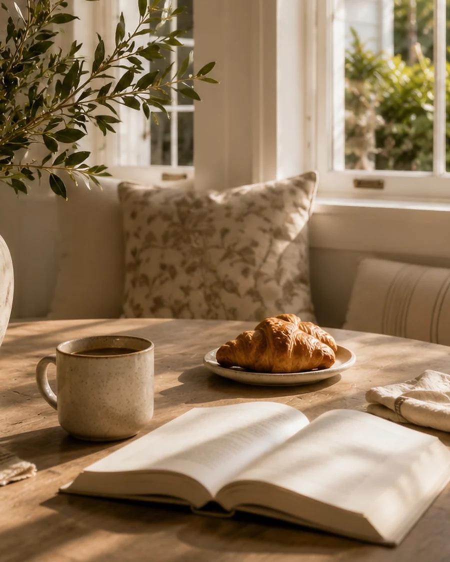 The breakfast nook — coffee, a croissant and an open book on a round oak table in the window seat.