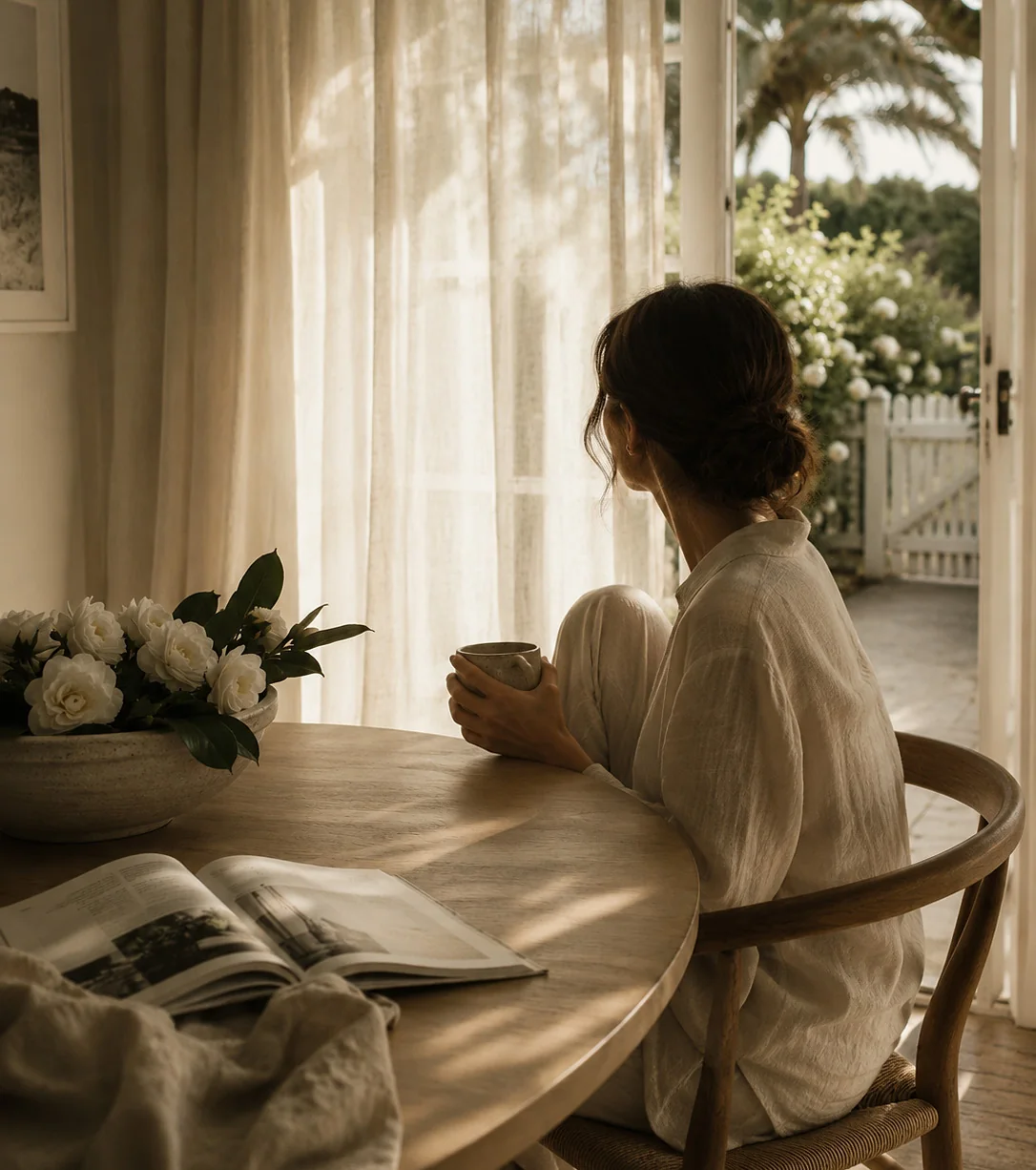Morning at the round table by the open garden door, coffee in hand, white roses in a stone bowl.